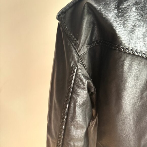 Vintage Black Leather Braided Detail Motorcycle Jacket M/L - Picture 10 of 10